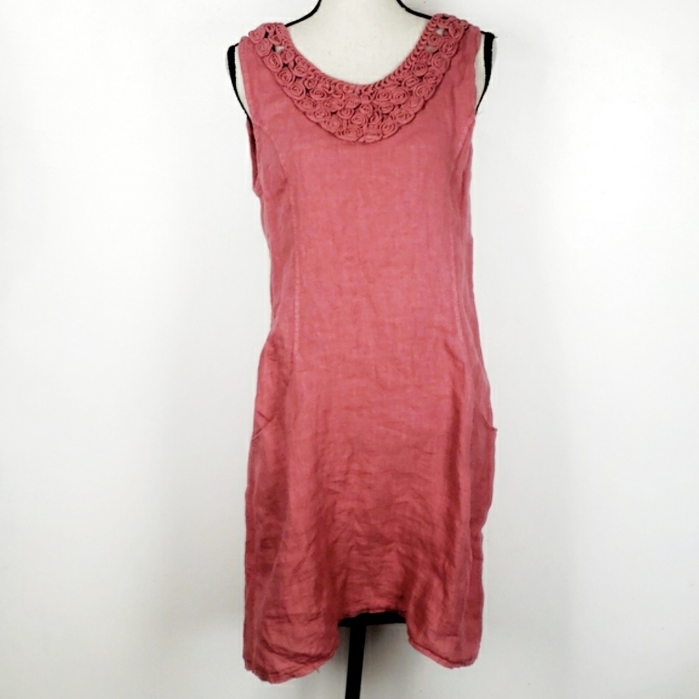 Blu Orchid Coral Pink Linen Rosette Scoop Neckline Lagenlook Sheath Dress M